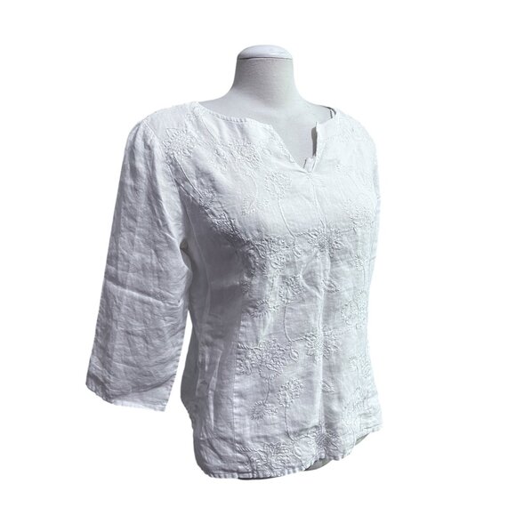 Saint Tropez Floral Embroidered Linen Long Sleeve Blouse Sz Large White 100% Lin - Picture 3 of 9